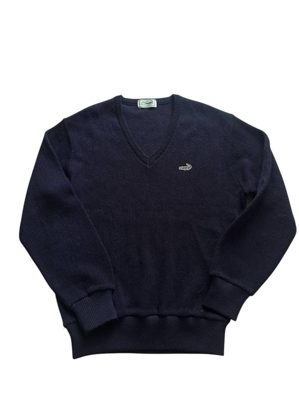Vintage Crocodile V-Neck Knit Sweater Navy Blue Embroidered Logo Size L (82)